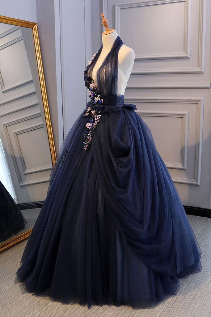 Navy Blue Tulle Backless V Neck Long Flower Lace Senior Prom Dress, BH91220