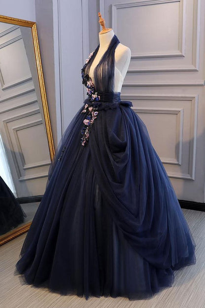Navy Blue Tulle Backless V Neck Long Flower Lace Senior Prom Dress, BH91220