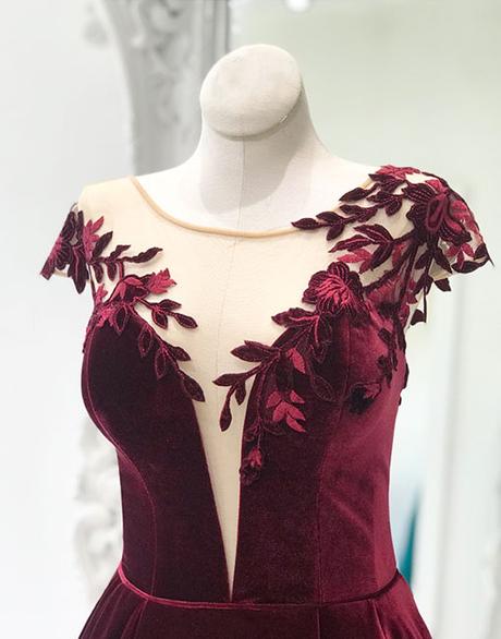 vintage velvet burgundy cap sleeves long prom dress,HO186