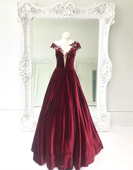 vintage velvet burgundy cap sleeves long prom dress,HO186