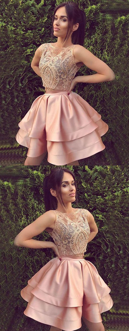 Cute round neck lace short a line pink homecoming dresses, sweet 16 dress,BD45462