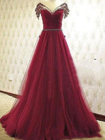 Burgundy Prom Dresses A-line Scoop Floor-length Tulle Sequins Sexy Prom Dress/Evening Dress