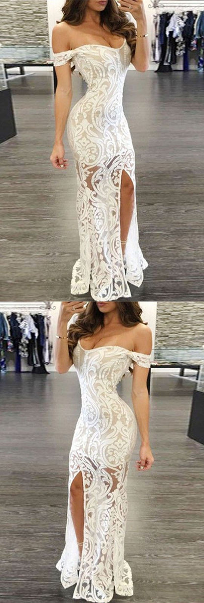 White Prom Dress - Sheath Off-the-Shoulder Long Lace with Split,BD49512