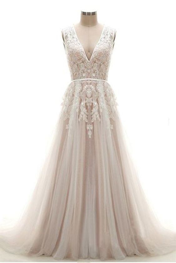 New design white flower lace appliques V neck long wedding dress, evening dress,PD45520