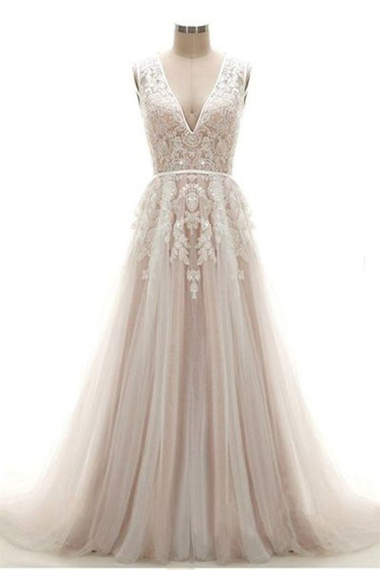 New design white flower lace appliques V neck long wedding dress, evening dress,PD45520