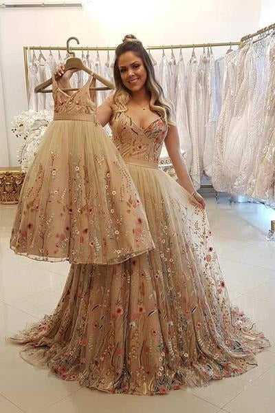 Spaghetti Straps Floral Embroidery Sweetheart Prom Dresses Long Formal Dress BD22064