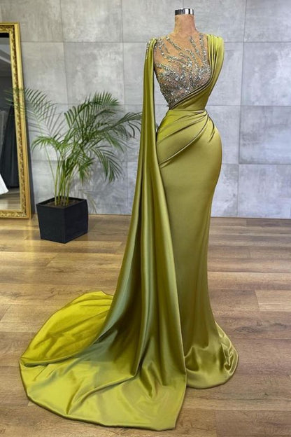 Vintage Jewel Satin Emerald Crystal Mermaid Prom Dresses Long,BD22191