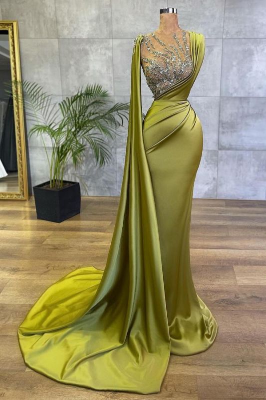 Vintage Jewel Satin Emerald Crystal Mermaid Prom Dresses Long,BD22191