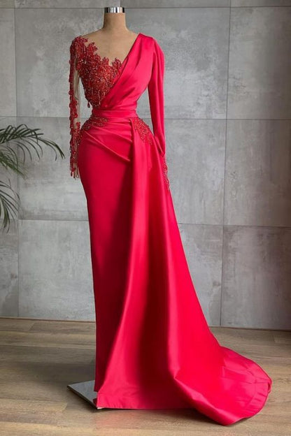 Chic Satin Long Sleeves Ruby Lace Appliques Ruffles Mermaid Prom Dresses,BD22192