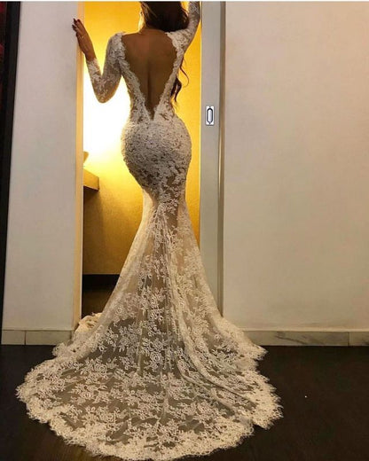 Sexy White Lace Long Sleeve Mermaid Prom Dress,BD22188