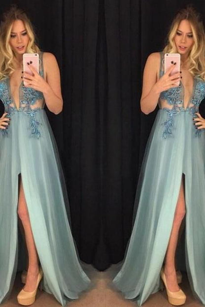 sexy deep v-neck blue long prom dress with slit, HO243