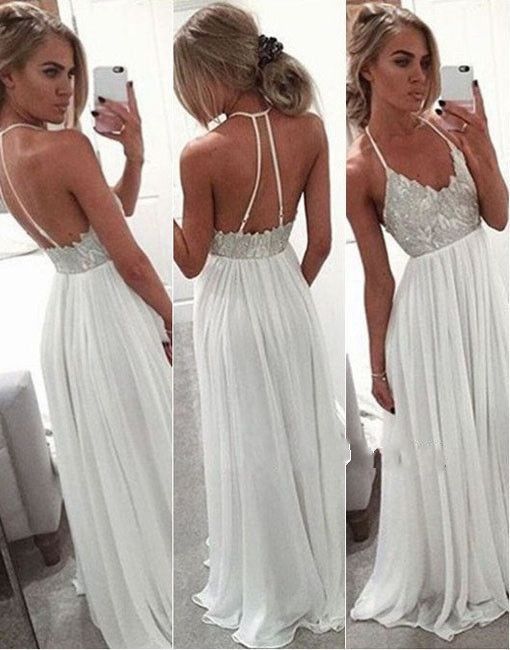 Simple Lace Beading Long Prom Dresses,Cheap Halter Prom Dress,Spaghetti Straps Party Dresses,White Prom Gowns,BD1563