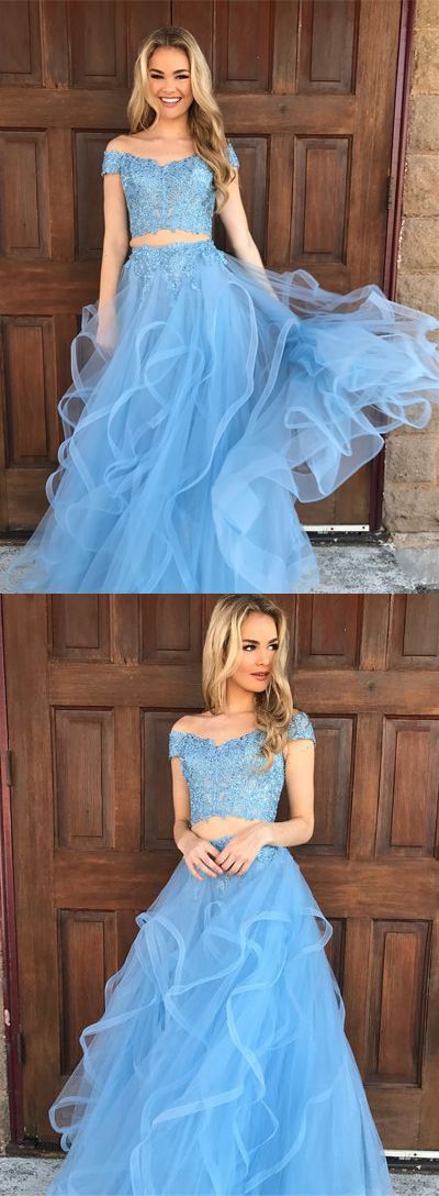 Two Pieces Prom Dresses,Blue Evening Dress,Tulle Prom GownsOff the Shoulder Prom Dresses,PD455871