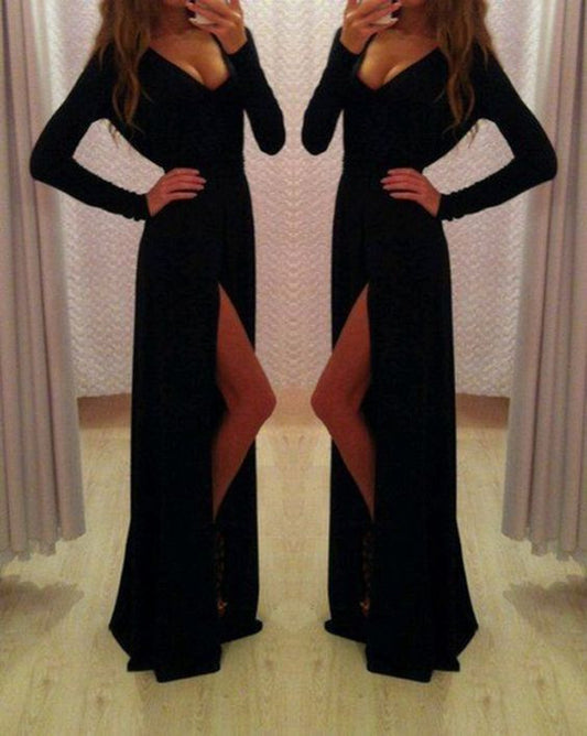 black Prom Dresses, long sleeves prom dress, side slit prom Dress,long prom dress,evening dress,BD1987