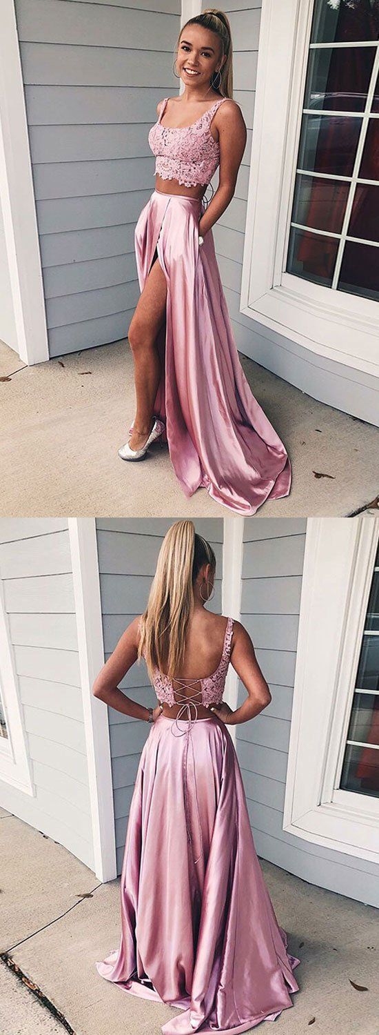 chic two pieces pink long prom dress with side slit,HO203