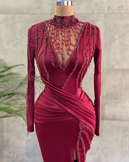 Elegant Long Sleeve Burgundy Prom Dress Mermaid Beadings Evening Gowns,BD22187