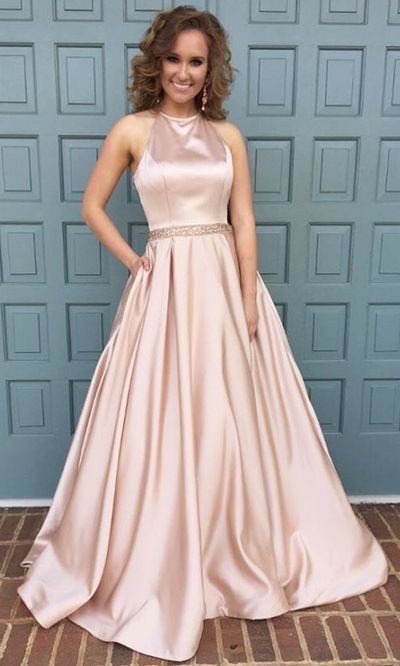 halter neck long satin pink prom dress,ball gowns prom dress,satin gowns,long prom dresses,a line pink satin long formal evening dresses,PD45560