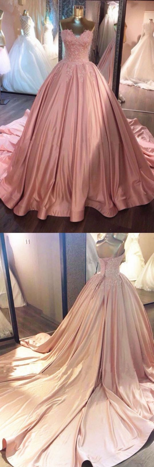 Sweetheart lace appliques pink satin long strapless A-line prom dress, ball gown, PD4558897