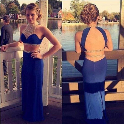 Two Pieces Open Back Royal Blue Mermaid Halter High Neck Beading Long Prom Dress,BD22004