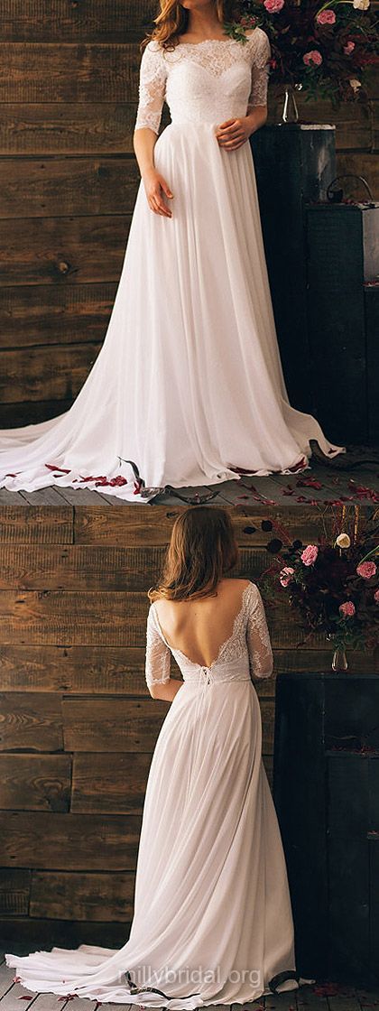 Off-the-shoulder Chiffon Lace And Open Back White Stunning 1/2 Sleeve Wedding Dresses,BD26203