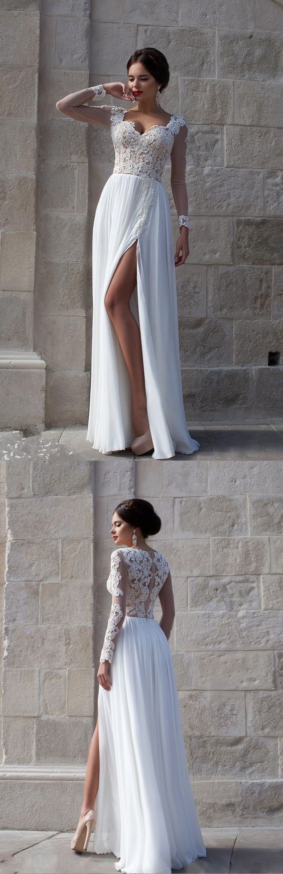 Elegant Long Sleeves Appliques Top White Long Prom Dress/Evening Dresses,BD450216