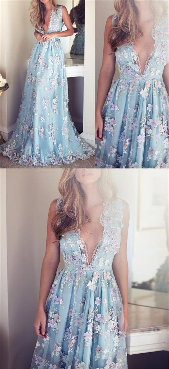 V-neck Sleeveless Blue tulle Appliques Prom Dresses, Affordable Long A-line Prom Dress,BD15302