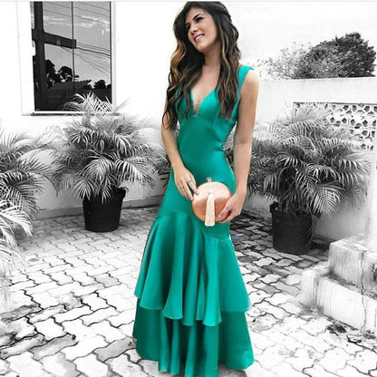 Charming Green Prom Dress, V-Neck Long Dress, Mermaid Evening Dress With Pleats,BD450217