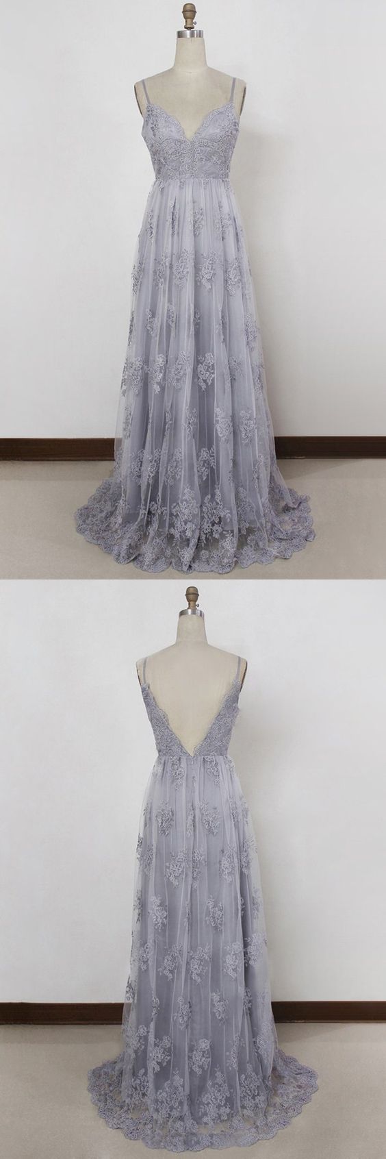 Sheath Spaghetti Straps Sweep Train Backless Lavender Tulle Prom Dress with Appliques,PD455841