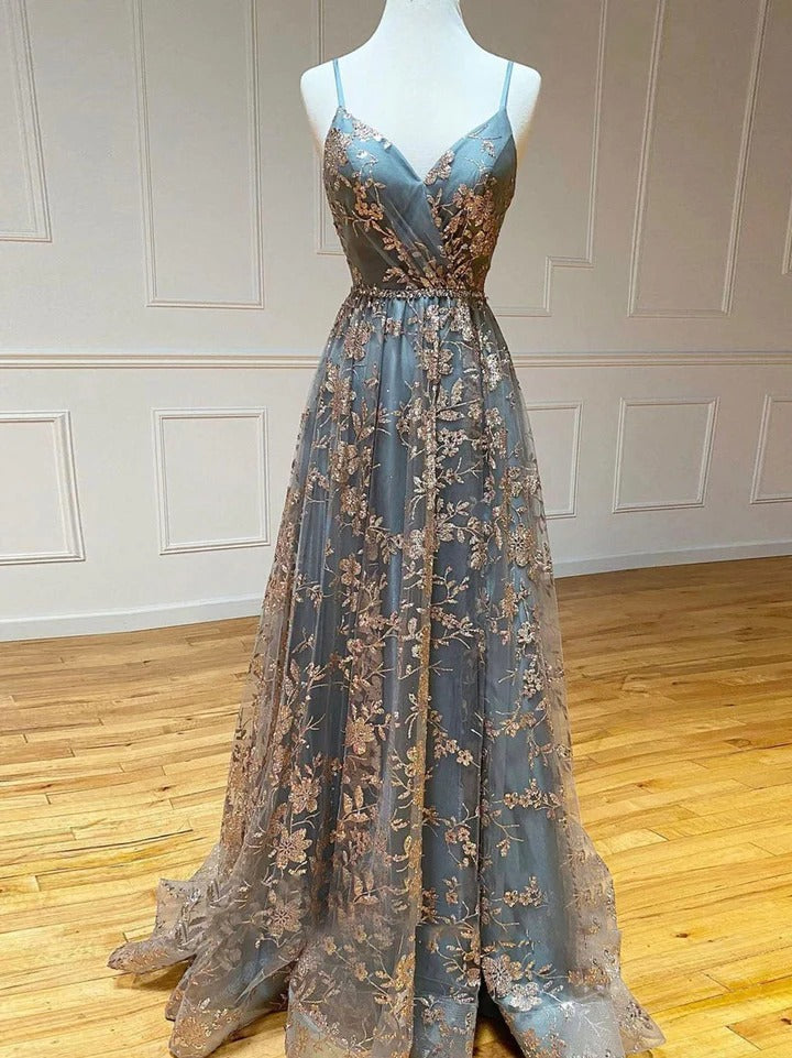 Unique v neck tulle sequin long prom dress, tulle sequin evening dress,BD22268