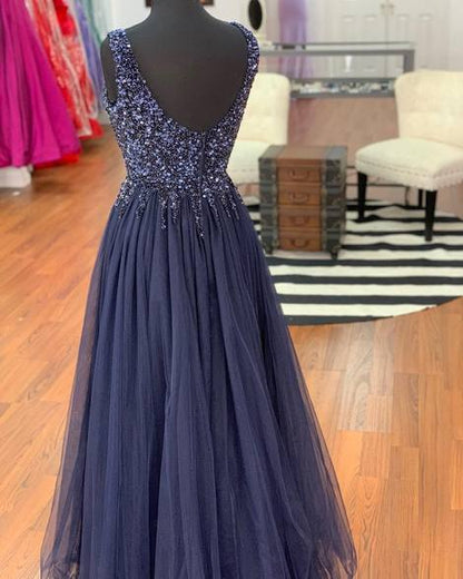 navy blue charming v-neck beaded tulle long prom dress, HO225