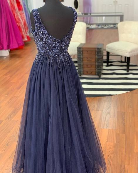 navy blue charming v-neck beaded tulle long prom dress, HO225