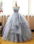 Gray round neck lace tulle long prom dresses, ball gown,072509