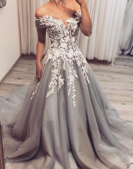 elegant grey tulle with lace appliques long chic prom dress,HO201