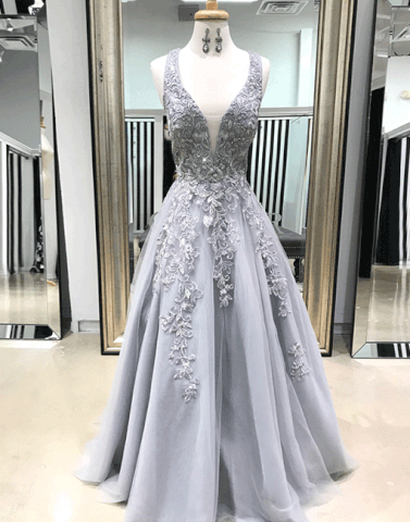 Gray v neck tulle long prom dress, lace evening dresses,PD790020