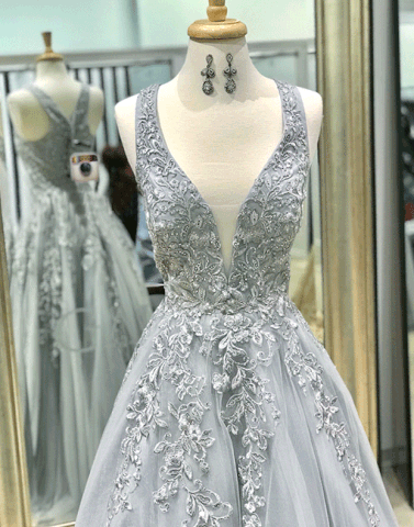 Gray v neck tulle long prom dress, lace evening dresses,PD790020