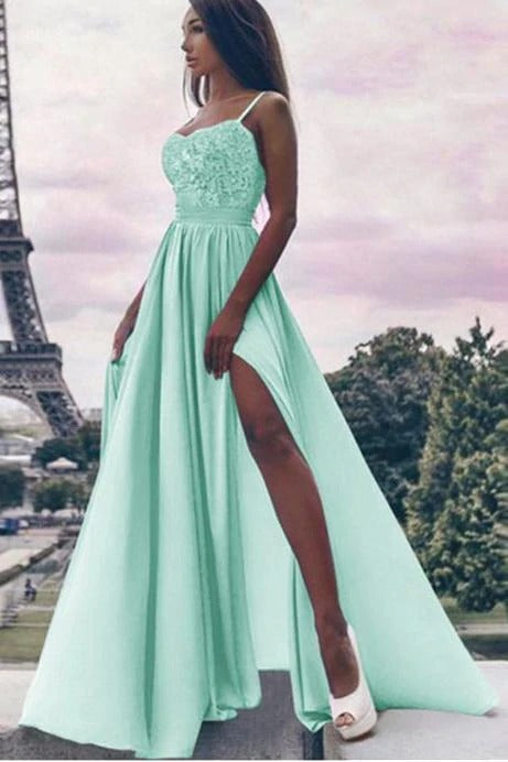 A Line Spaghetti Straps High Slit Sweetheart Chiffon Lace Appliques Prom Dresses,BD22014