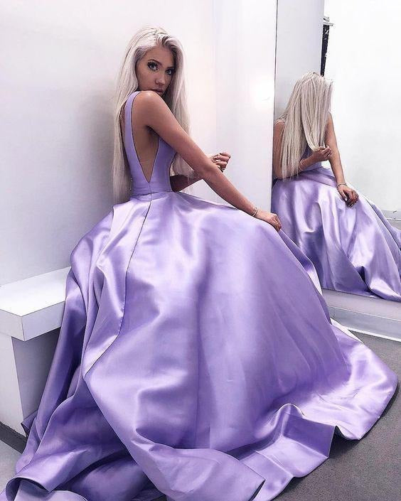 Simple A Line V Neck Satin V Back Long Prom Dresses Sexy Evening Dresses,BD22011
