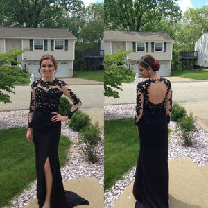 black prom dress,long Prom Dress,long sleeves prom dress,side slit evening dress,open back prom dress,BD2719
