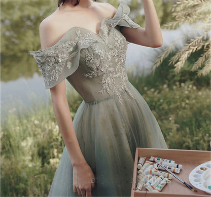 Sweetheart Off Shoulder A Line Tulle Lace-Up Princess Appliques Prom Dresses,BD22033