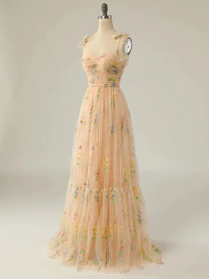 Champagne A line tulle lace long prom dress champagne evening dress,BD22237