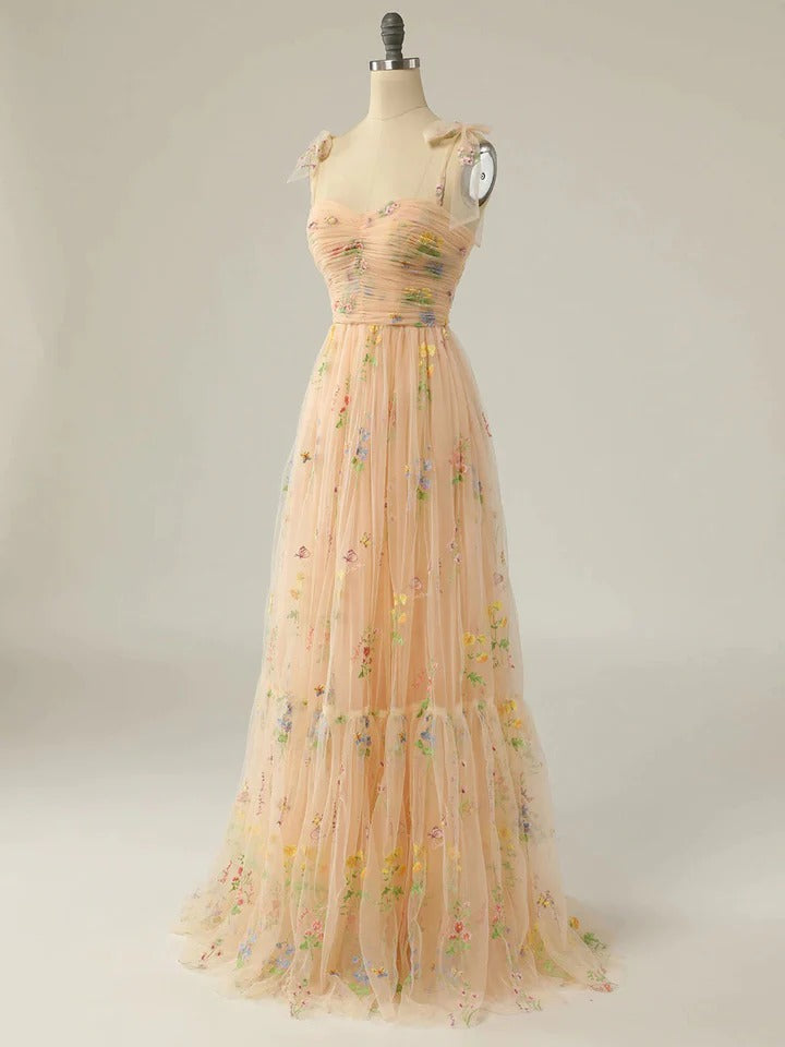Champagne A line tulle lace long prom dress champagne evening dress,BD22237