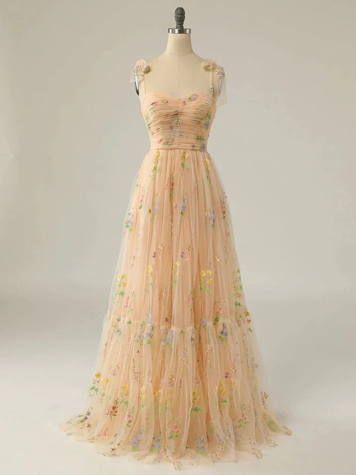 Champagne A line tulle lace long prom dress champagne evening dress,BD22237