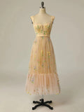 Champagne tulle lace tea length prom dress lace homecoming dress,BD22236
