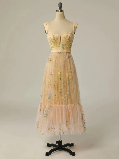 Champagne tulle lace tea length prom dress lace homecoming dress,BD22236