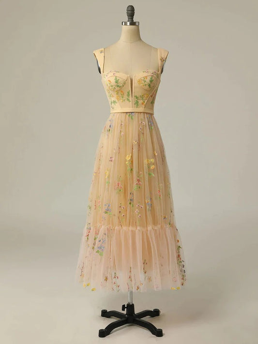 Champagne tulle lace tea length prom dress lace homecoming dress,BD22236