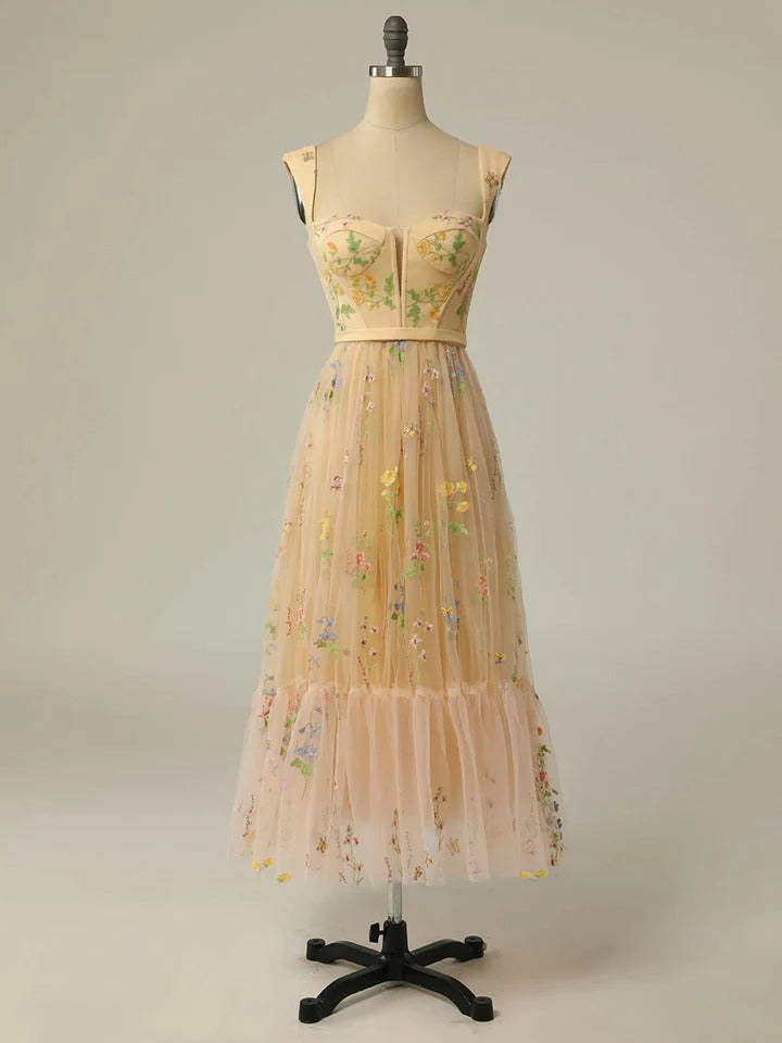 Champagne tulle lace tea length prom dress lace homecoming dress,BD22236
