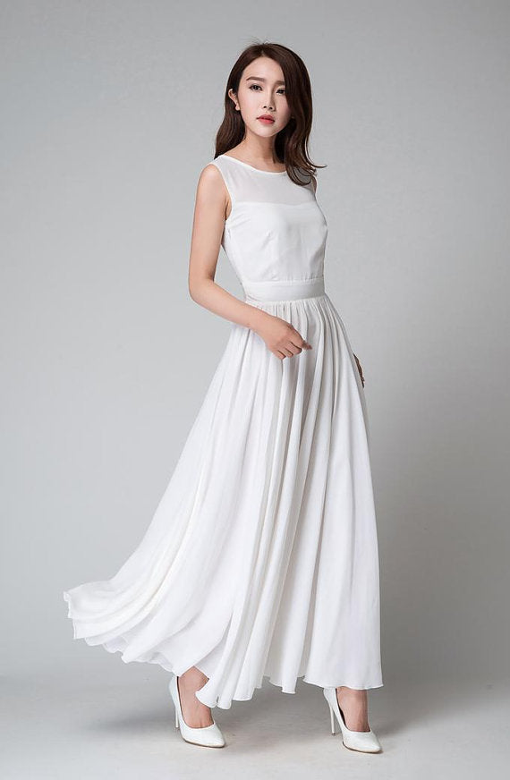 white dress, white maxi dress, white chiffon dress, sleeveless dress, bridesmaid dress, BD98016