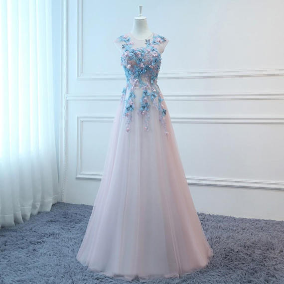 Long Pink&amp;Blue Butterfly Evening Dress Floral Tulle Dress Women Formal Party Gown  BD98015