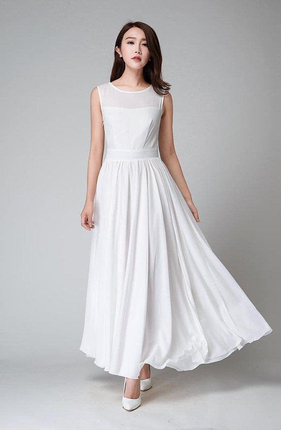 white dress, white maxi dress, white chiffon dress, sleeveless dress, bridesmaid dress, BD98016