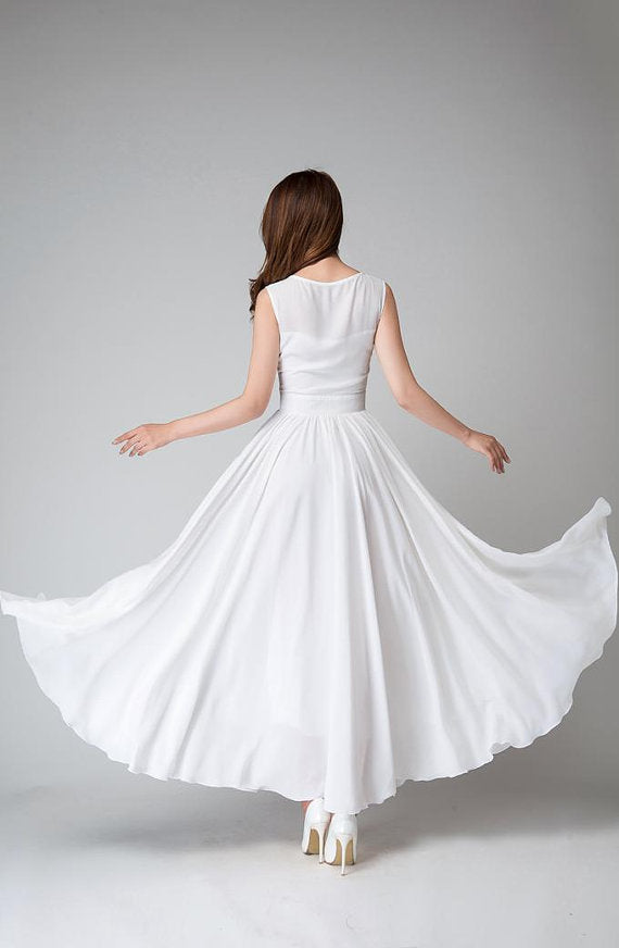 white dress, white maxi dress, white chiffon dress, sleeveless dress, bridesmaid dress, BD98016